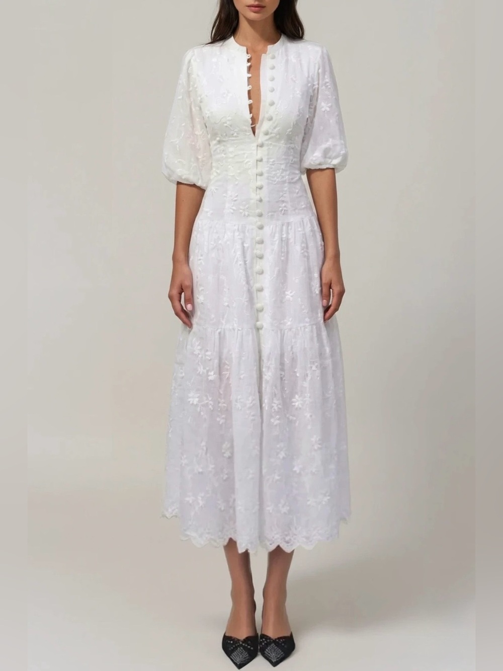 White Embroidered Midi Dress with Button-Front Detail